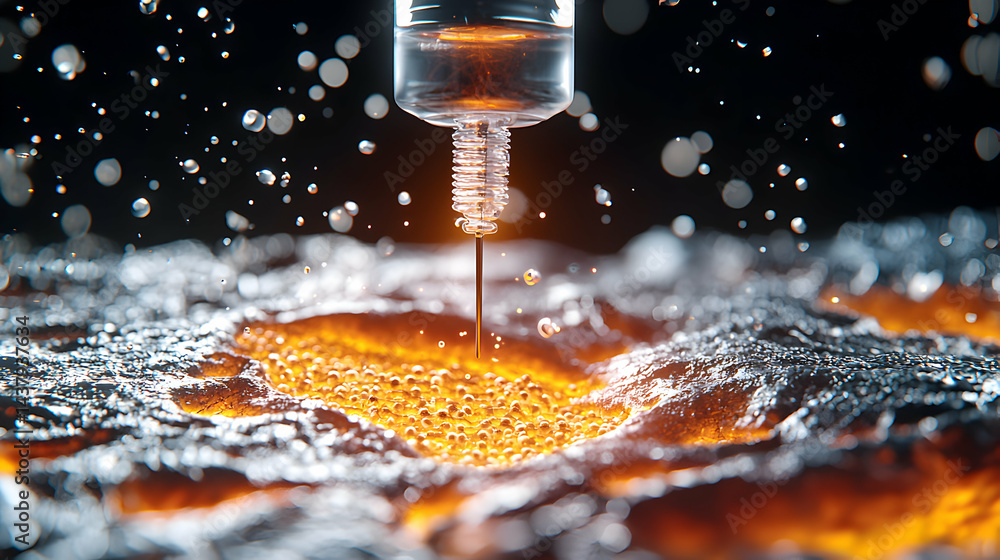 Poster a close-up view showcasing a syringe injecting liquid into a surface. bubbles and drops add to the d