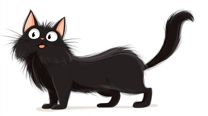 Obraz premium Cute black cartoon cat, looking up, fluffy fur