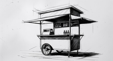 Hot dog cart stall shop building design in sketch hand drawing black and white on plain white background