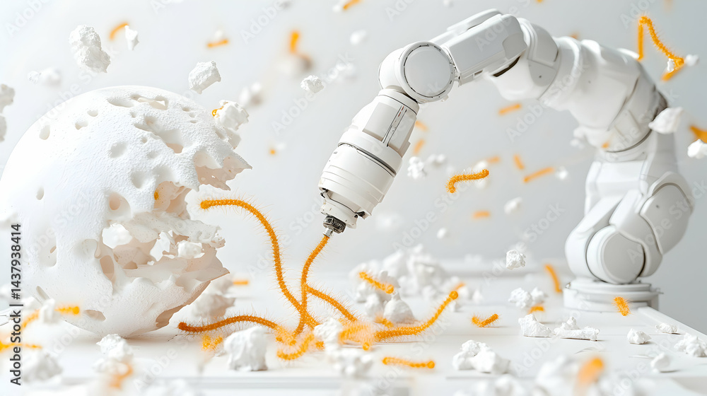 Poster an abstract image of a robotic arm interacting with a textured sphere and yellow filaments suggestin