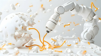 An abstract image of a robotic arm interacting with a textured sphere and yellow filaments suggesting scientific or medical applications focusing on microscopic processes.