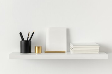 Minimalist workspace with black pen holder, gold accents, and a stack of white notebooks on a white shelf against a white wall.