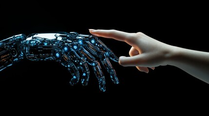 Human hand gently touches a robotic hand, symbolizing AI collaboration.