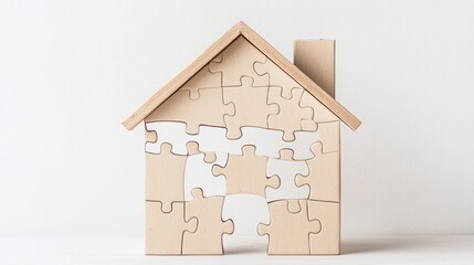 Housing crisis impact economic. A wooden house-shaped puzzle with missing pieces stands against a plain background.