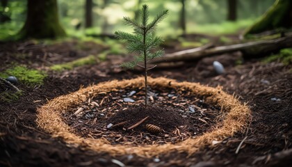 Fototapeta premium Diagonal view of bark, cones, and twigs forming a protective mulch ring around a young sapling, illustrating natural moisture retention and soil protection techniques in gardening