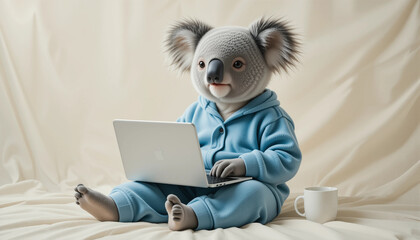 Fototapeta premium Koala Remote Worker Animal: A relaxed koala in cozy blue pajamas. Pose: Sitting comfortably with a laptop on the lap and a coffee mug nearby.