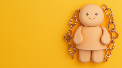 Housing crisis impact economic. A wooden human figure with a smile is surrounded by metal chains on a yellow background.
