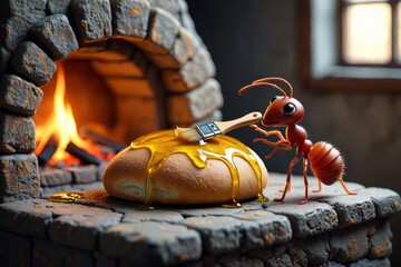 Ant baker shaping sourdough loaves in a cozy wood-fired bakery  