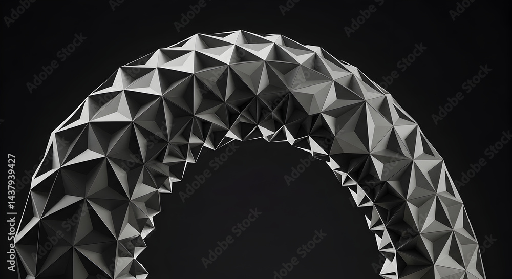 Poster abstract geometric arch composed of triangular panels on dark backdrop