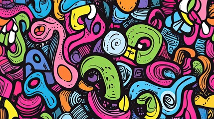 Fototapeta premium Vibrant abstract doodle pattern with a variety of shapes and colors. Intricate design features flowing lines, geometric forms, and bold outlines