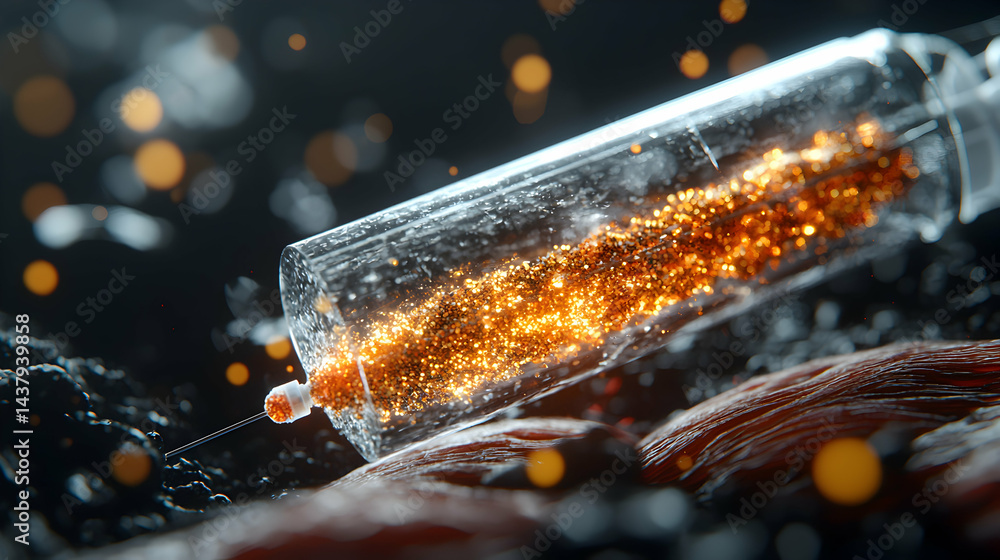 Poster a macro shot of a syringe filled with glitter injecting into tissue. the scene is dark with bokeh ef