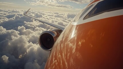 Fototapeta premium Engine cowling with clean brand logo captured from a low angle against the sky