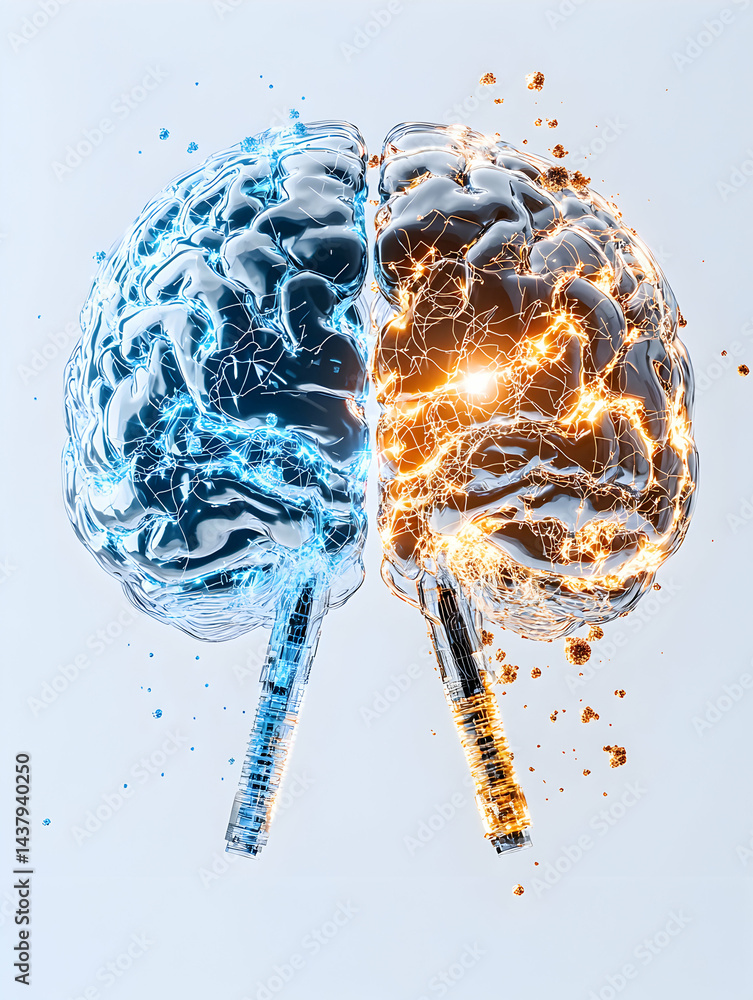 Poster an artistic rendering of a brain with each hemisphere representing different cognitive functions. id
