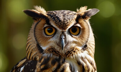 Fototapeta premium Close-up shot of an owl's face amidst trees