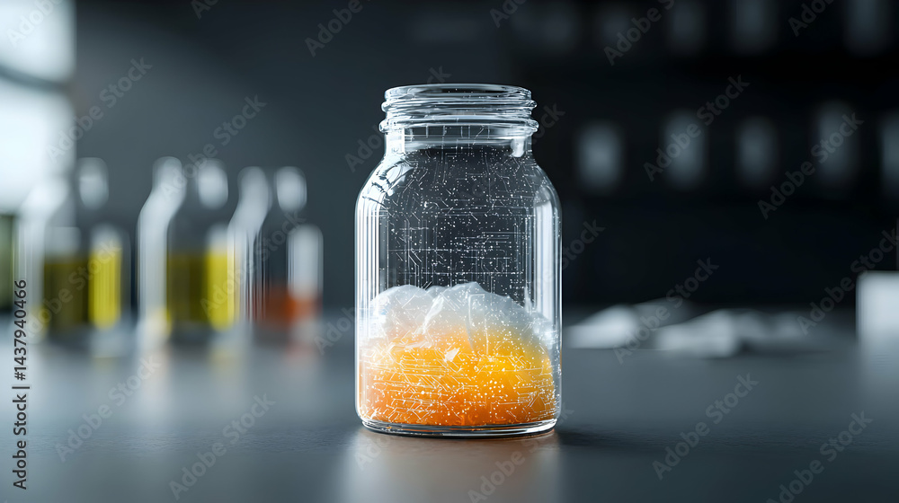 Poster a jar filled with glowing circuits representing digital data. suggests innovation technology informa