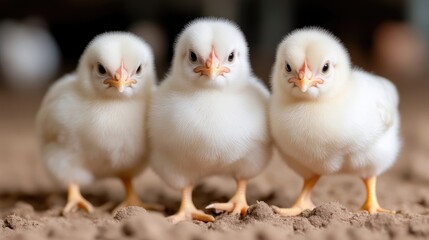 Three fluffy, white chicks stand in a row on dirt