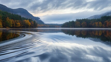 High-angle view of a single boat engine creating a gentle wake across a glassy lake