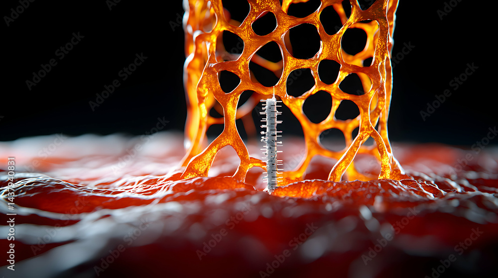 Poster this image portrays a microscopic view of a porous structure with a measuring device suggesting pote