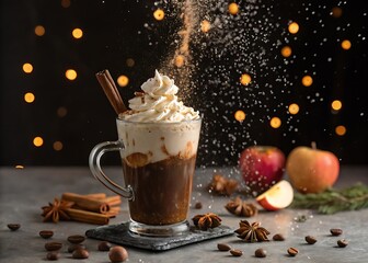 A brown cup holds a hot chocolate beverage with cinnamon sticks, beside a glass of sweet latte