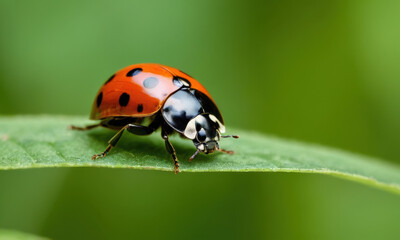 Obraz premium A ladybug sits on a bright green leaf, enjoying the sunshine