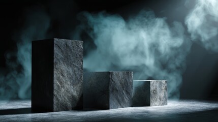 Granite stone sculpture in dramatic atmosphere against dark background