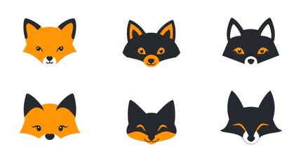 Obraz premium Foxes, fox heads, simple vector set for education, kids, and icons, on white