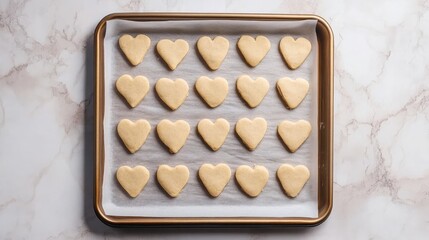 Metal baking trays lined with parchment paper holding rows of shaped cookie dough