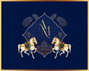 Elegant wedding logo with royal horses, palace, initials, and florals