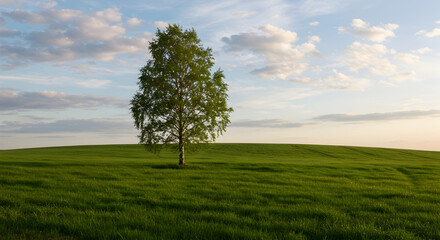 Obraz premium Solitary Tree Standing Tall In A Green Field Under A Pastel Sky