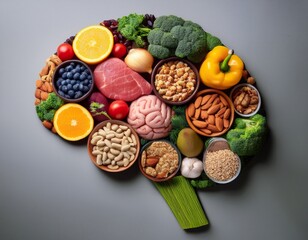 brain boosting foods arranged in the shape of a brain emphasizing healthy eating for cognitive function