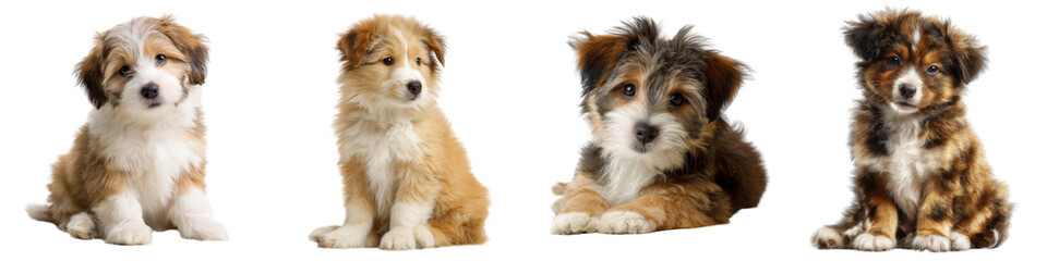 Collection of cute fluffy puppies isolated on transparent or white background
