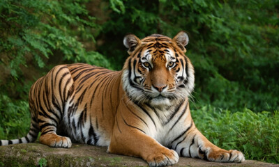 Naklejka premium A tiger resting on a rocky outcropping in lush green grass