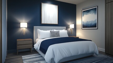 Modern bedroom interior with navy blue accents