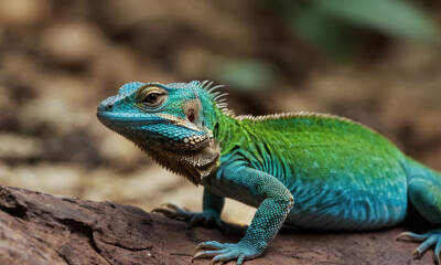 Obraz premium A small reptile sits on a rocky surface, its vibrant scales catching the light