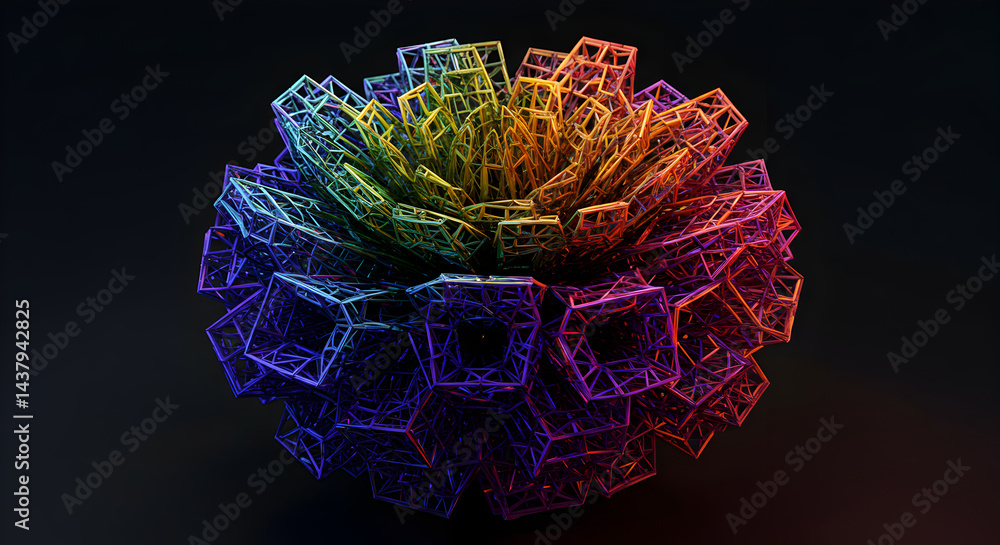 Poster dynamic fractal structure with rainbow gradient glowing on dark background