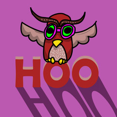 Hand colored drawing. Vector illustration of an owl sitting on the inscription: 
