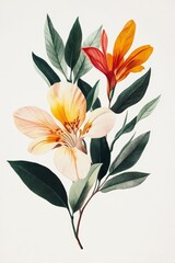 Naklejka premium Pastel Floral Bouquet Illustration Orange and Yellow Flowers with Green Leaves