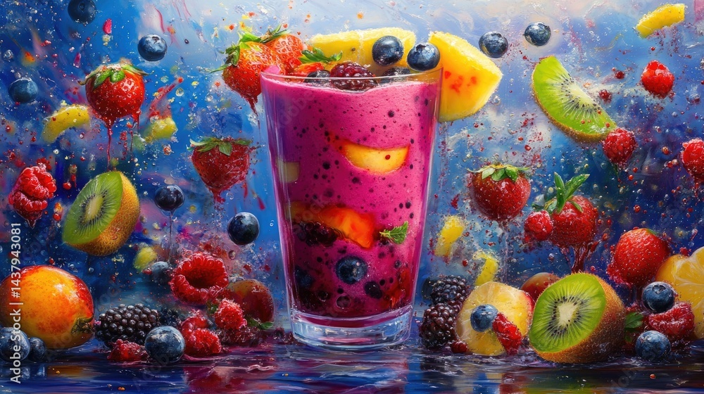 Aufkleber glass of vibrant berry smoothie with visible layers and fresh fruit scattered around
