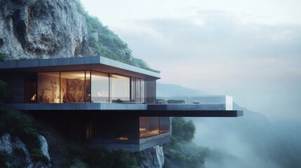 Modern house with cantilevered balcony, surrounded by cliffs and mist background wallpaper AI generated image