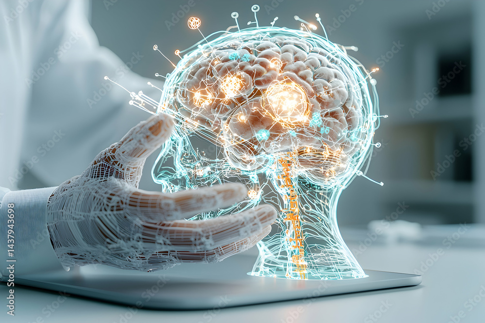 Poster a futuristic depiction of a human brain technology interface. suggests ai neural network interaction