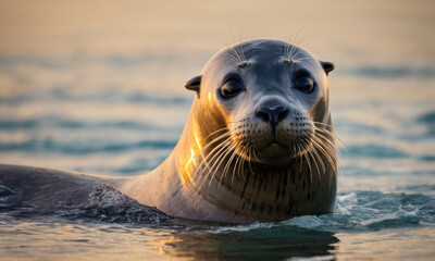 Fototapeta premium Seal swimming in the ocean during sunset, great for travel or nature related images