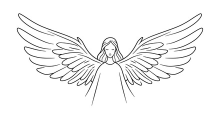 Obraz premium Line Art Drawing of an Angel with Wings on White Background