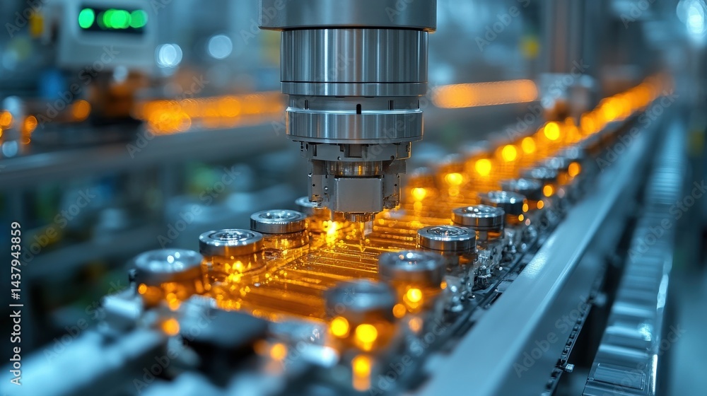 Aufkleber high-tech industrial machine operating on a production line with glowing elements and bottles