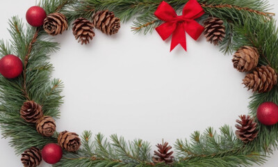 A festive Christmas decoration featuring a wreath made of pinecones and adorned with red balls