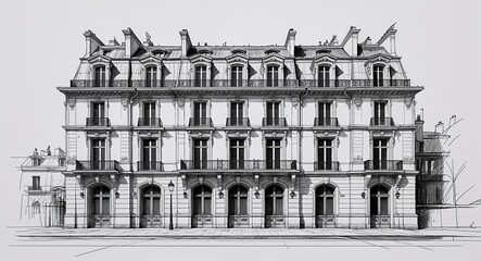 Parisian historic mansion building design in sketch hand drawing black and white on plain white background