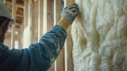 Construction Worker Installing Insulation in a Building Frame