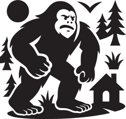 Fototapeta premium angry Bigfoot Yeti black and white is searching for house silhouette vector design