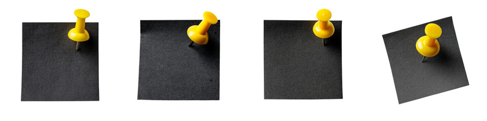 Collection of black sticky post it notes with yellow pushpin isolated on  transparent or white background