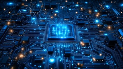 Illuminated central processing unit (CPU) on a circuit board, glowing with blue light, showcasing intricate electronic components and complex circuitry.