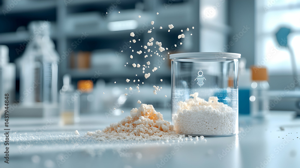 Poster a lab setting with a jar of white granules and particles flying around. it could represent scientifi